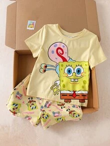 SpongeBob SquarePants | SHEIN Young Girl Cartoon Print Round Neck Short Sleeve Top And Shorts Casual Loungewear Set - Yellow - View 3