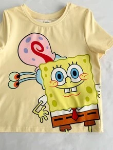 SpongeBob SquarePants | SHEIN Young Girl Cartoon Print Round Neck Short Sleeve Top And Shorts Casual Loungewear Set - Yellow - View 6