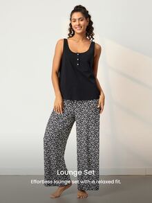 LUVLETTE Women Black White Leopard Print Pajama Set Sleeveless Scoop Neck Button Front Tank Top & Straight Leg Pants Drawstring Waist Outdoor Loungewear - Black - View 6