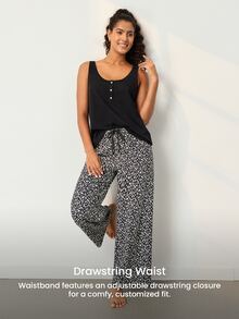 LUVLETTE Women Black White Leopard Print Pajama Set Sleeveless Scoop Neck Button Front Tank Top & Straight Leg Pants Drawstring Waist Outdoor Loungewear - Black - View 9