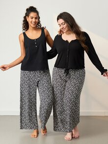 LUVLETTE Women Black White Leopard Print Pajama Set Sleeveless Scoop Neck Button Front Tank Top & Straight Leg Pants Drawstring Waist Outdoor Loungewear - Black - View 10
