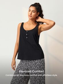 LUVLETTE Women Black White Leopard Print Pajama Set Sleeveless Scoop Neck Button Front Tank Top & Straight Leg Pants Drawstring Waist Outdoor Loungewear - Black - View 7