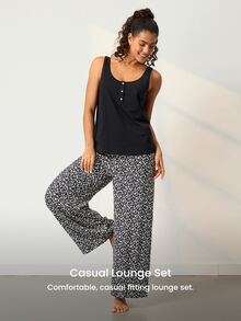 LUVLETTE Women Black White Leopard Print Pajama Set Sleeveless Scoop Neck Button Front Tank Top & Straight Leg Pants Drawstring Waist Outdoor Loungewear - Black - View 8