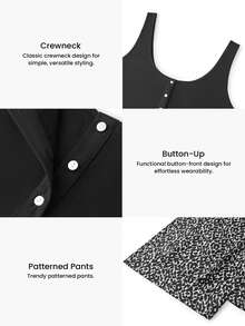 LUVLETTE Women Black White Leopard Print Pajama Set Sleeveless Scoop Neck Button Front Tank Top & Straight Leg Pants Drawstring Waist Outdoor Loungewear - Black - View 3