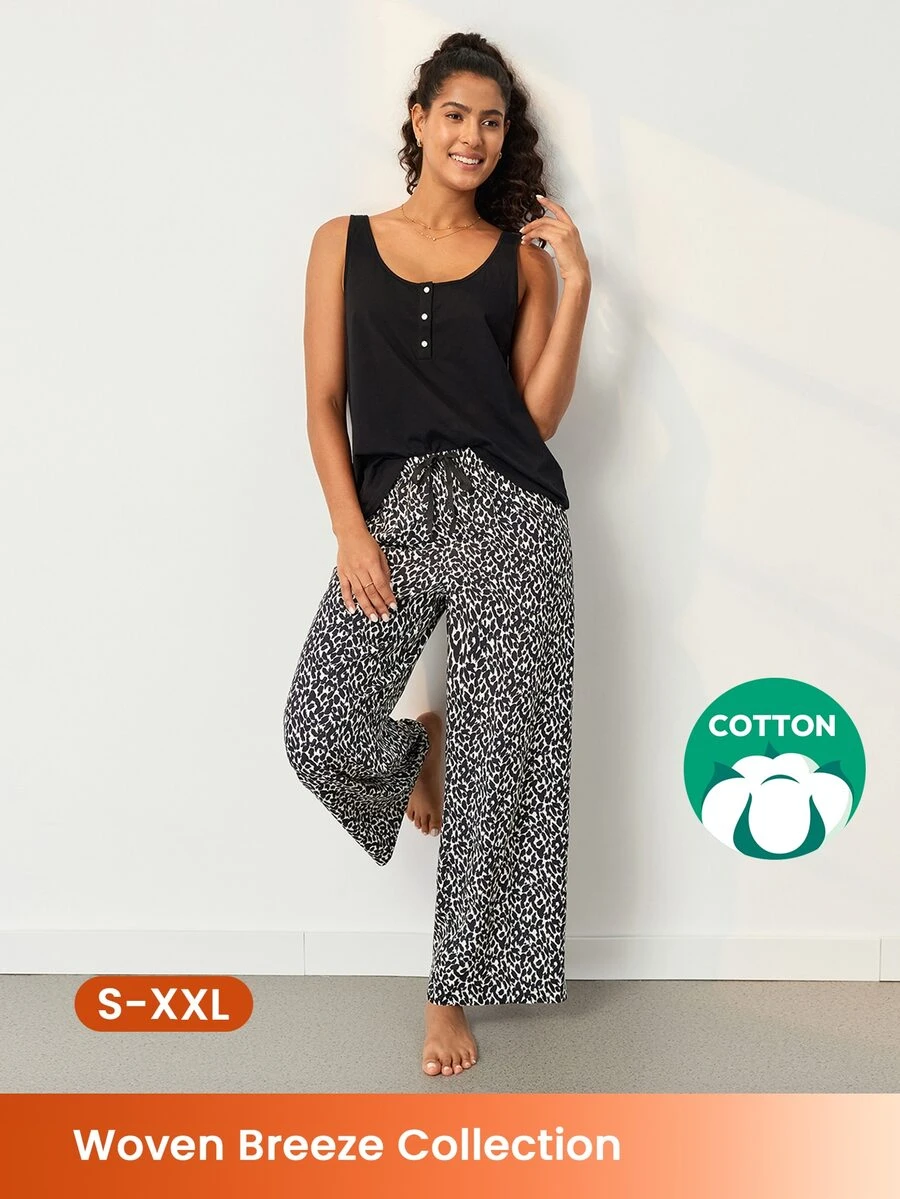 LUVLETTE Women Black White Leopard Print Pajama Set Sleeveless Scoop Neck Button Front Tank Top & Straight Leg Pants Drawstring Waist Outdoor Loungewear - Black - View 1