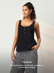 LUVLETTE Women Black White Leopard Print Pajama Set Sleeveless Scoop Neck Button Front Tank Top & Straight Leg Pants Drawstring Waist Outdoor Loungewear - Black - View 4