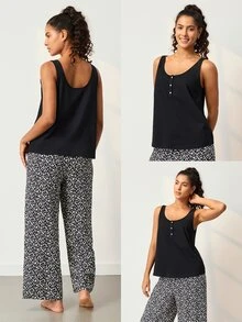 LUVLETTE Women Black White Leopard Print Pajama Set Sleeveless Scoop Neck Button Front Tank Top & Straight Leg Pants Drawstring Waist Outdoor Loungewear - Black - View 2