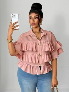 Maweii Plus Size Women Metal Decor Multi-Layer Ruffle Casual Versatile Daily Wear Blouse - Dusty Pink - View 5