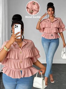 Maweii Plus Size Women Metal Decor Multi-Layer Ruffle Casual Versatile Daily Wear Blouse - Dusty Pink - View 1