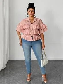 Maweii Plus Size Women Metal Decor Multi-Layer Ruffle Casual Versatile Daily Wear Blouse - Dusty Pink - View 3