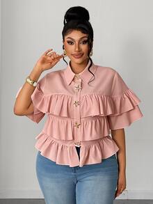 Maweii Plus Size Women Metal Decor Multi-Layer Ruffle Casual Versatile Daily Wear Blouse - Dusty Pink - View 6