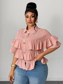 Maweii Plus Size Women Metal Decor Multi-Layer Ruffle Casual Versatile Daily Wear Blouse - Dusty Pink - View 2