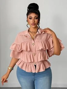 Maweii Plus Size Women Metal Decor Multi-Layer Ruffle Casual Versatile Daily Wear Blouse - Dusty Pink - View 4