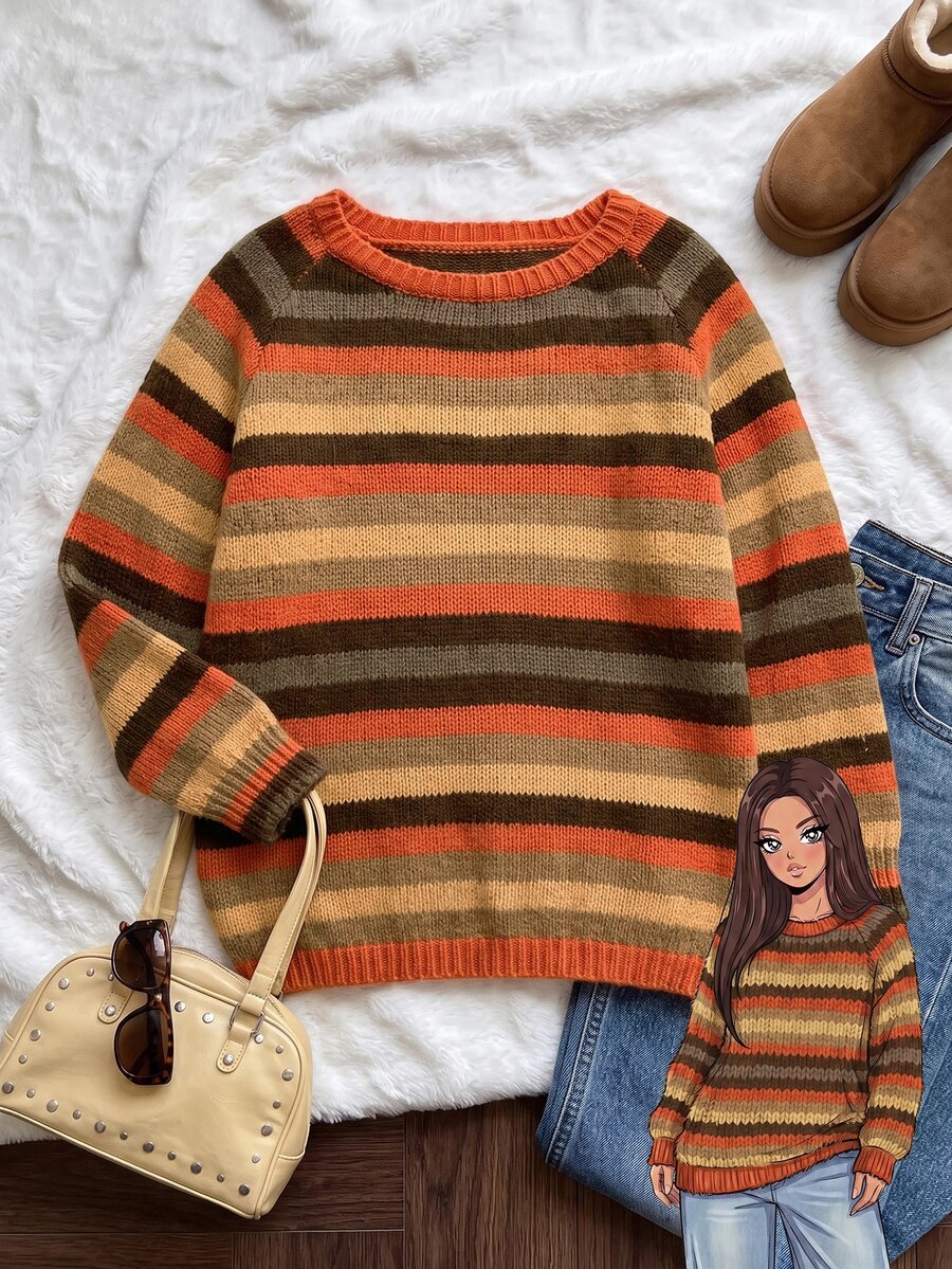 Comfortcana Plus Size Burnt Orange Striped Pattern Raglan Sleeve Sweater Halloween Thanksgiving Formal Graduation Vacation Autumn Retro Casual 80s - Multicolor - View 1