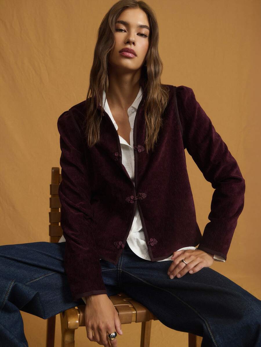 Nöista Velvet Mandarin Collar Jacket, Perfect For Fall, Party, Formal And Elegant Looks.