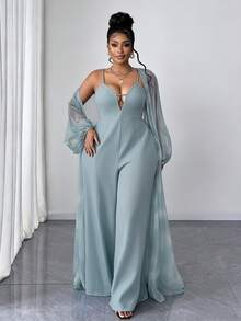 Maweii Plus Size Women 2 Pieces Set: Solid Color Jumpsuit & Robe, Casual Daily Wear - Multicolor - View 6