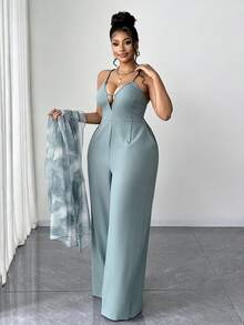 Maweii Plus Size Women 2 Pieces Set: Solid Color Jumpsuit & Robe, Casual Daily Wear - Multicolor - View 7