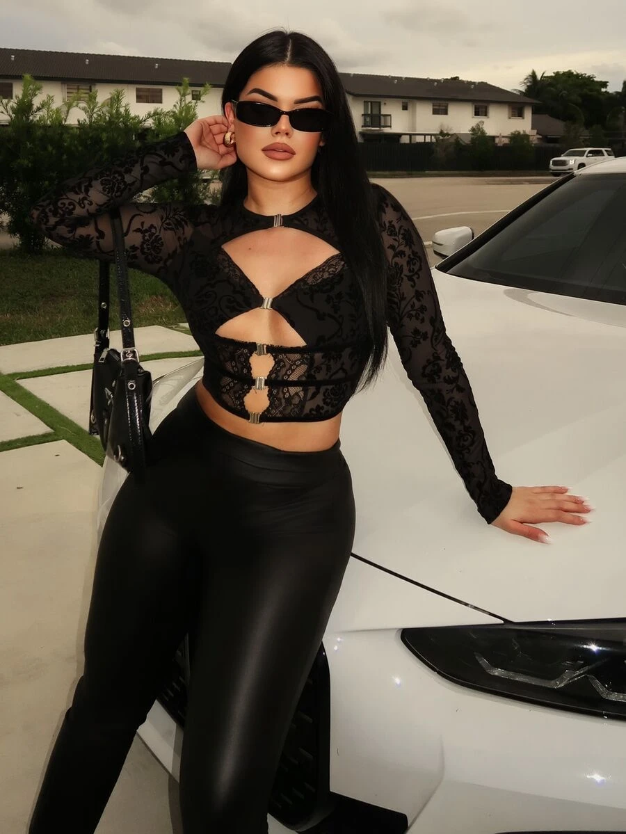 Dayanna Comas Going Out Tops Spring Black Jacquard & Buckle Detail Cut Out Front Crop Mesh Top - Black - View 1