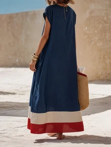 SHEIN Franclia Vacation Casual Colorblock Striped Long Dress - Blue - View 3