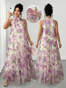 Elenzga Plus Size Women Elegant Woven Sleeveless Floral Mesh Dress - Purple - View 1