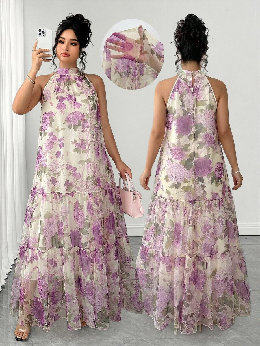 Elenzga Plus Size Women Elegant Woven Sleeveless Floral Mesh Dress - Purple - View 1