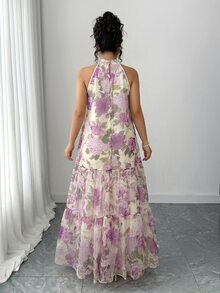 Elenzga Plus Size Women Elegant Woven Sleeveless Floral Mesh Dress - Purple - View 2