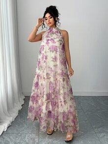 Elenzga Plus Size Women Elegant Woven Sleeveless Floral Mesh Dress - Purple - View 7