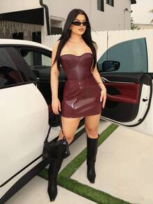 Dayanna Comas Fitted Low-Rise Mini Skirts, Leather Skirts, Autumn Skirts ,Petite Women - Brown - View 6