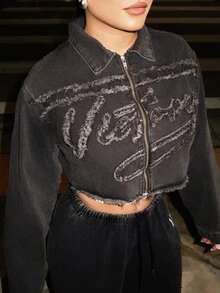 Dayanna Comas 女士 Y2k 服饰复古前拉链长袖流苏下摆休闲牛仔冬秋夹克，适合日常穿着 - 黑色 - 查看 3