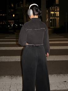 Dayanna Comas 女士 Y2k 服饰复古前拉链长袖流苏下摆休闲牛仔冬秋夹克，适合日常穿着 - 黑色 - 查看 2