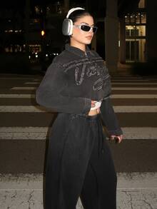 Dayanna Comas 女士 Y2k 服饰复古前拉链长袖流苏下摆休闲牛仔冬秋夹克，适合日常穿着 - 黑色 - 查看 4