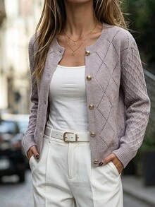 SHEIN Women's French Gentle Style Hollow Diamond Jacquard Knit Cardigan, Round Neck, Raglan Long Sleeve, Metal Round Button Placket, Ribbed Hem, Short Slim Fit, Daily Versatile Solid Color Knit Jacket - Khaki - View 3