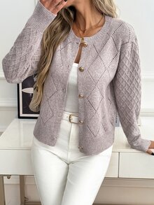 SHEIN Women's French Gentle Style Hollow Diamond Jacquard Knit Cardigan, Round Neck, Raglan Long Sleeve, Metal Round Button Placket, Ribbed Hem, Short Slim Fit, Daily Versatile Solid Color Knit Jacket - Khaki - View 4