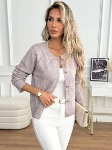 SHEIN Women's French Gentle Style Hollow Diamond Jacquard Knit Cardigan, Round Neck, Raglan Long Sleeve, Metal Round Button Placket, Ribbed Hem, Short Slim Fit, Daily Versatile Solid Color Knit Jacket - Khaki - View 5