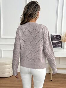 SHEIN Women's French Gentle Style Hollow Diamond Jacquard Knit Cardigan, Round Neck, Raglan Long Sleeve, Metal Round Button Placket, Ribbed Hem, Short Slim Fit, Daily Versatile Solid Color Knit Jacket - Khaki - View 2