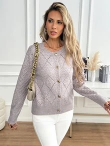 SHEIN Women's French Gentle Style Hollow Diamond Jacquard Knit Cardigan, Round Neck, Raglan Long Sleeve, Metal Round Button Placket, Ribbed Hem, Short Slim Fit, Daily Versatile Solid Color Knit Jacket - Khaki - View 6
