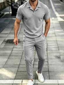 Manfinity Homme Men's Solid Color Polo Shirt With Turn-Down Collar And V-Neck, Short Sleeve, Long Pants Set - Grey - View 3