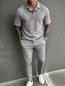 Manfinity Homme Men's Solid Color Polo Shirt With Turn-Down Collar And V-Neck, Short Sleeve, Long Pants Set - Grey - View 5
