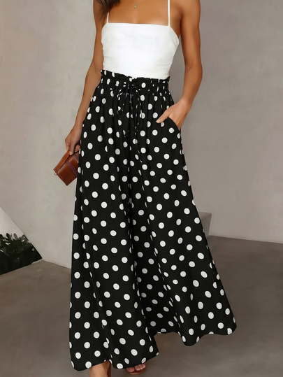 Pariaura Women's French Elegant Retro Polka Dot Wide-Leg Pants, Holiday High-Waisted Drawstring Chiffon Drape Relaxed Summer Office Casual