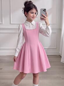 SHEIN 青少年女孩秋季洋裝 優雅粉色與白色配色 2--1，秋季/返校季，秋季，白色長袖洋裝珍珠裝飾，聖誕節 - 彩色 - 查看 1