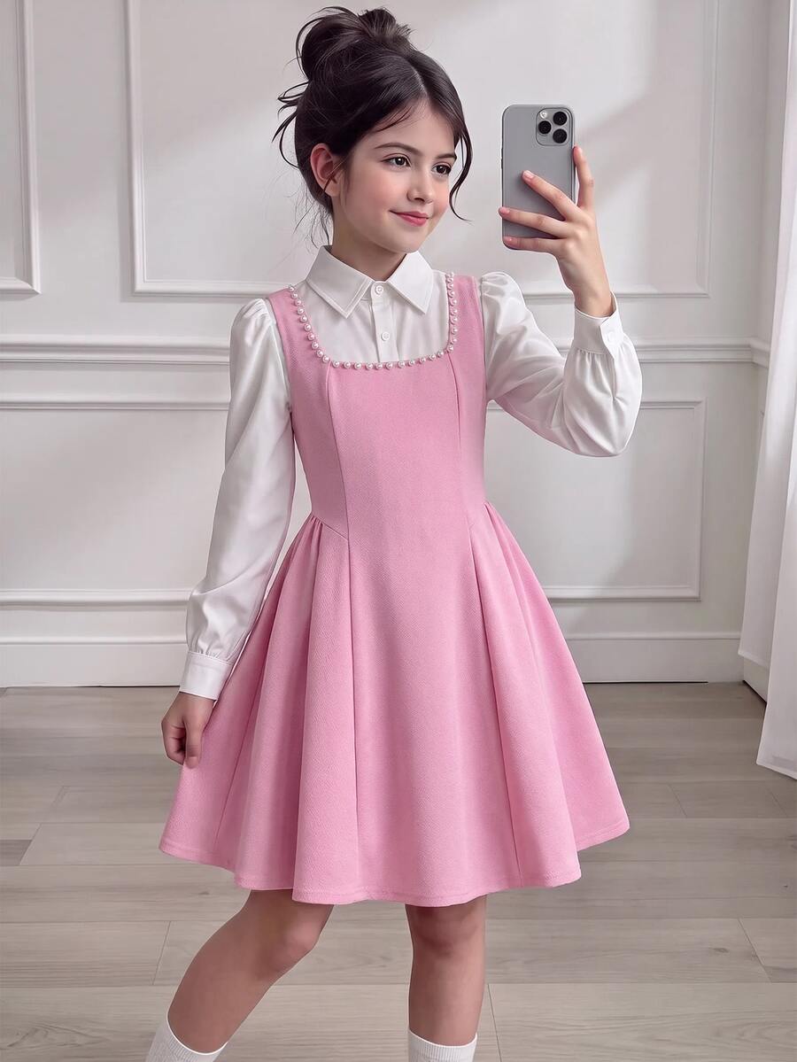 SHEIN 青少年女孩秋季洋裝 優雅粉色與白色配色 2--1,秋季/返校季,秋季,白色長袖洋裝珍珠裝飾,聖誕節 - 彩色 - 查看 1