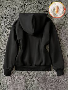 Tween Girls Fall Clothes Black Zipper Hoodie, Loose Drop Shoulder Long Sleeve Fleece Lined Jacket With Kangaroo Pocket, Winter - Black - View 2