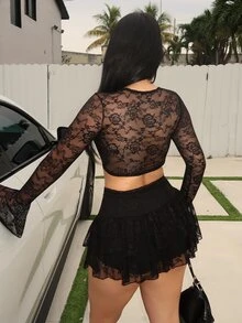 Dayanna Comas 女士两件套日常穿着黑色蕾丝两件套蕾丝两件套女士蕾丝裙套装 - 黑色 - 查看 2