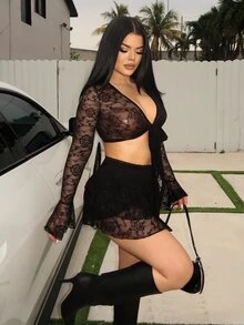 Dayanna Comas 女士两件套日常穿着黑色蕾丝两件套蕾丝两件套女士蕾丝裙套装 - 黑色 - 查看 4