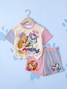 SHEIN | PAW Patrol 女童字母卡通印花短袖T恤與短褲休閒日常套裝 - 白色 - 查看 1