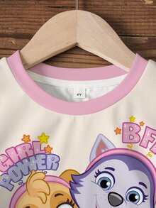 SHEIN | PAW Patrol 女童字母卡通印花短袖T恤與短褲休閒日常套裝 - 白色 - 查看 4