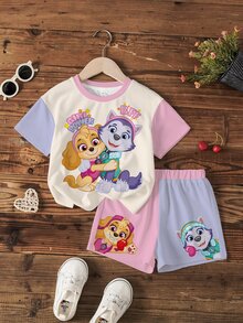 SHEIN | PAW Patrol 女童字母卡通印花短袖T恤與短褲休閒日常套裝 - 白色 - 查看 3