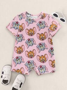 TOM & JERRY X SHEIN Baby Girl Cartoon Print Casual Everyday Romper - Pink - View 1