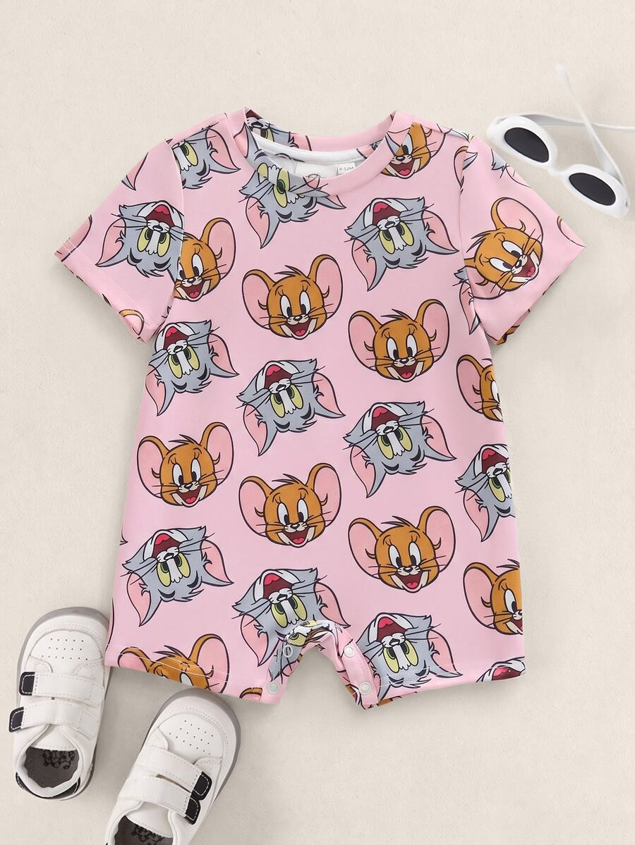 TOM & JERRY X SHEIN Baby Girl Cartoon Print Casual Everyday Romper - Pink - View 1