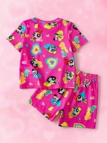 THE POWERPUFF GIRLS X SHEIN 2pcs/Set Fun Casual Style Young Girl Home Wear Round Neck Cartoon Print Short Sleeve T-Shirt And Shorts Comfortable Two Pieces Set - Pink - View 2